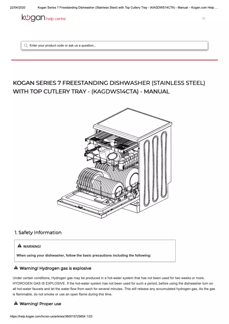 Page 1 de la notice Manuel utilisateur Kogan KAGDWS14CTA