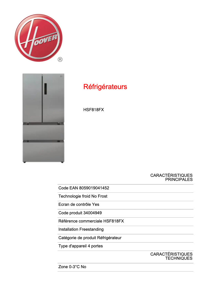 Page 1 de la notice Fiche technique Hoover HSF818FX