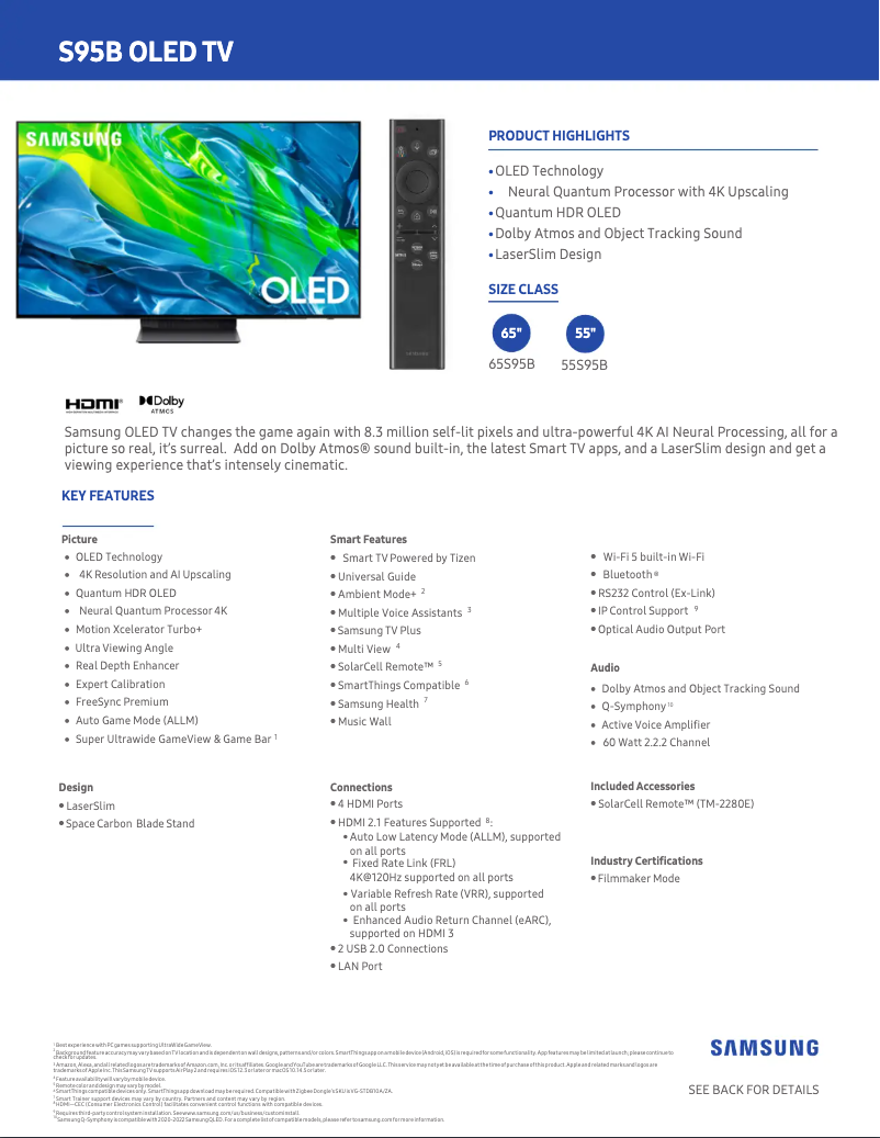 Page 1 de la notice Fiche technique Samsung QN65S95BAFXZA