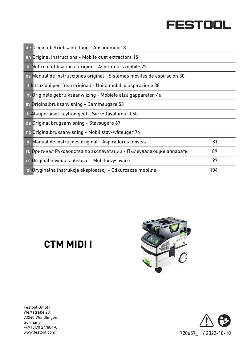 Página 1 del manual Manual de usuario Festool Cleantec CTM Midi I