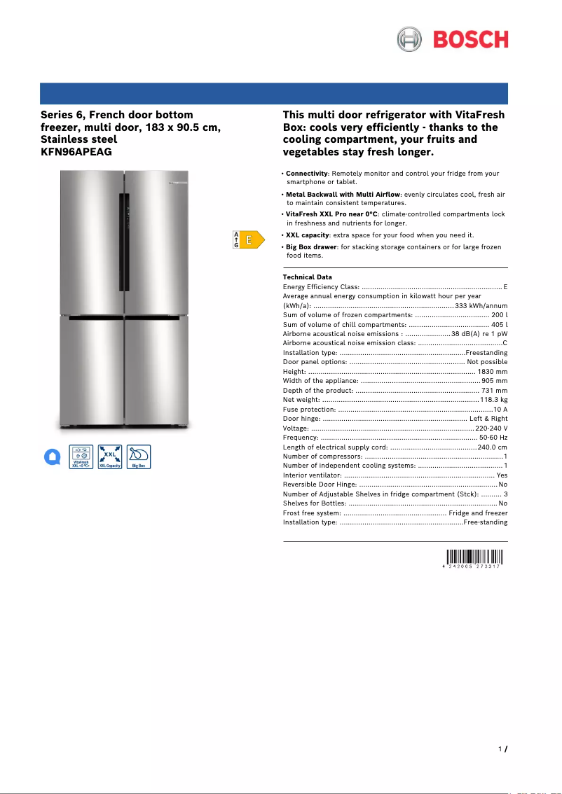 Página 1 del manual Ficha técnica Bosch KFN96APEAG