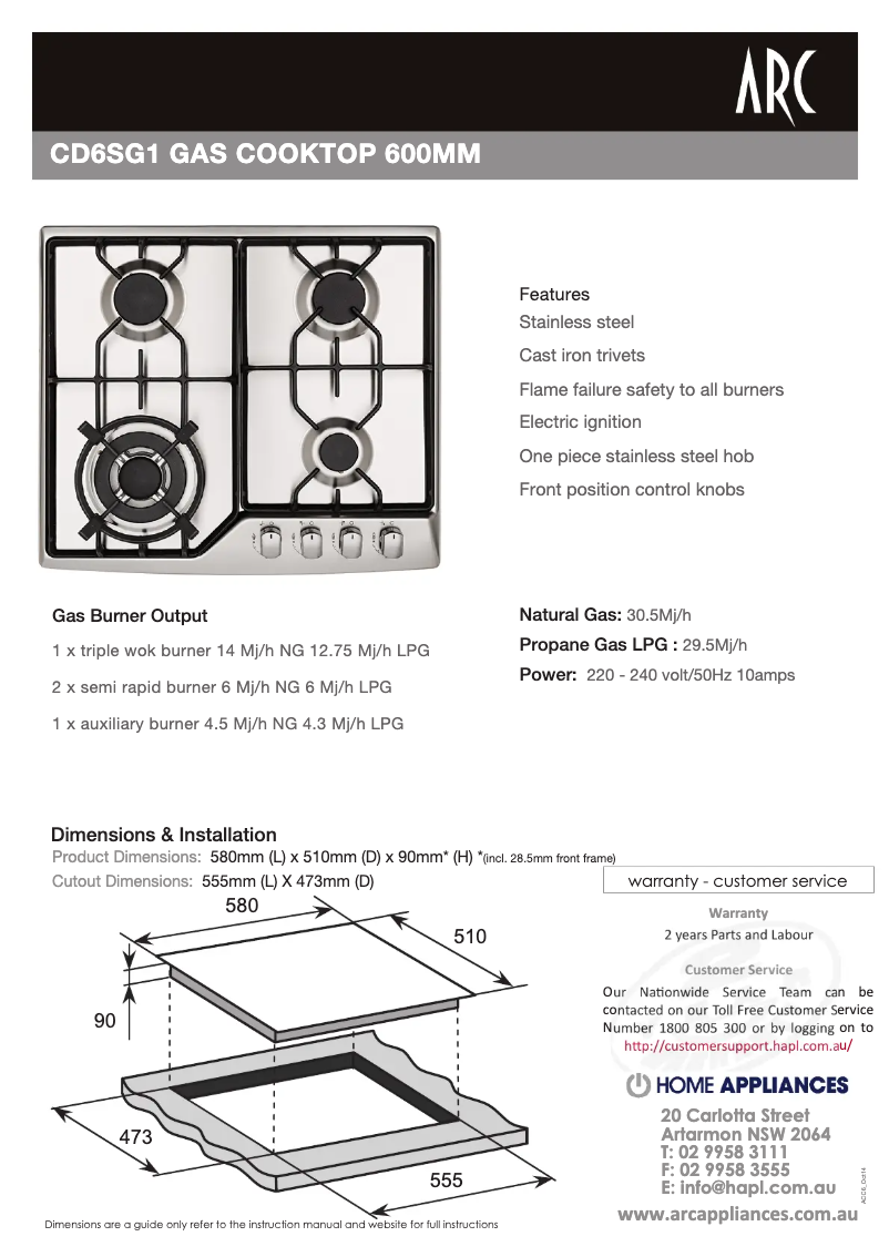 Page 1 de la notice Fiche technique ARC CD6SG1