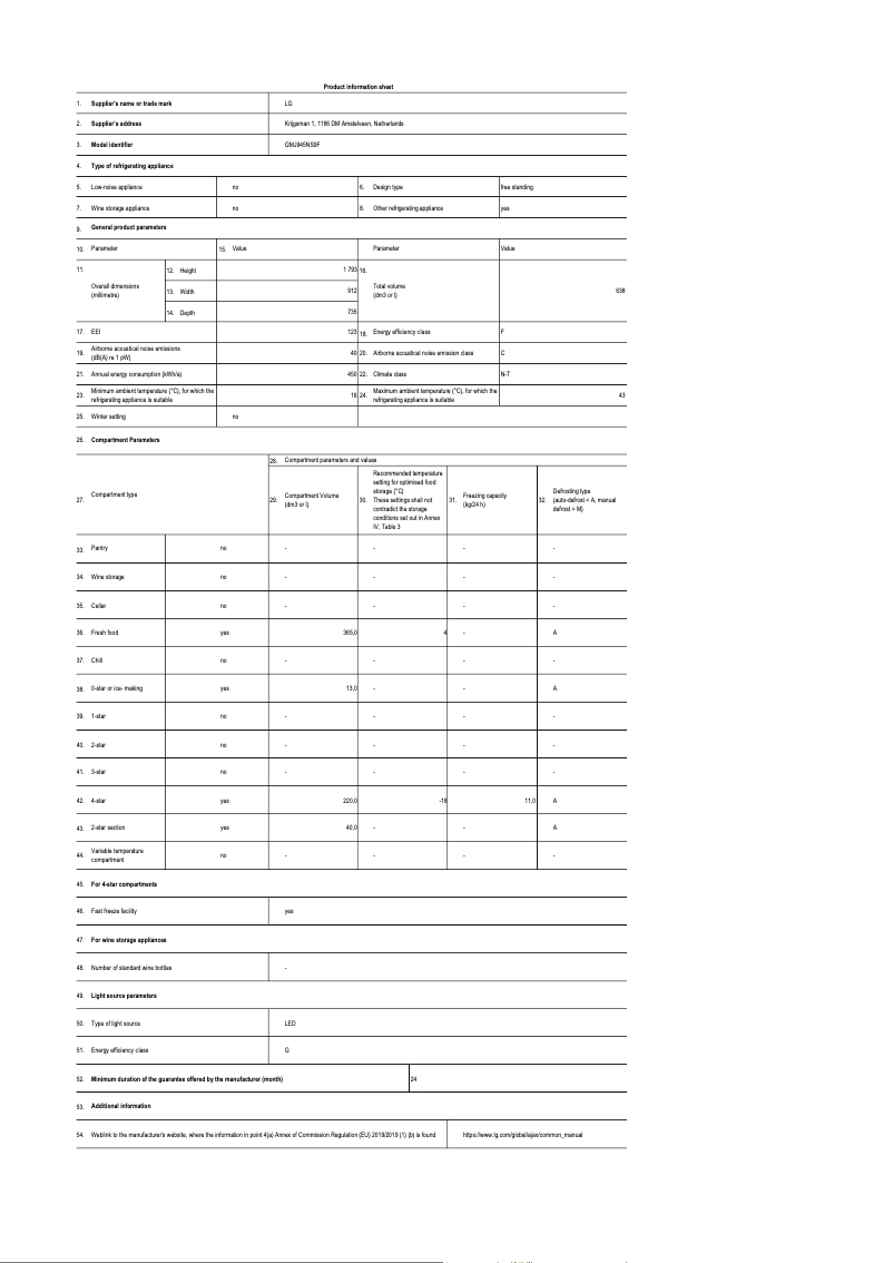 Page 1 de la notice Fiche technique LG GMJ945NS9F