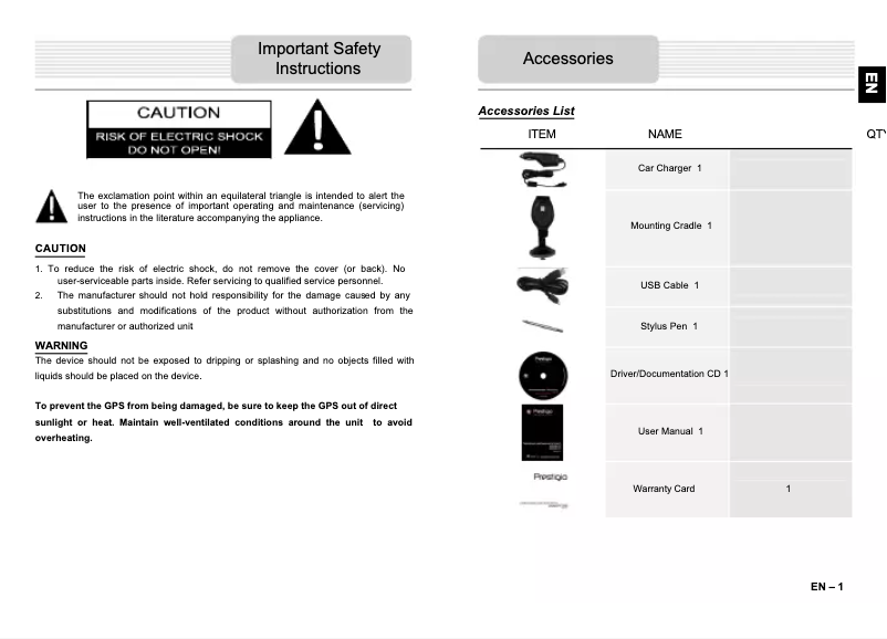 Page 1 de la notice Manuel utilisateur Prestigio GeoVision 4050