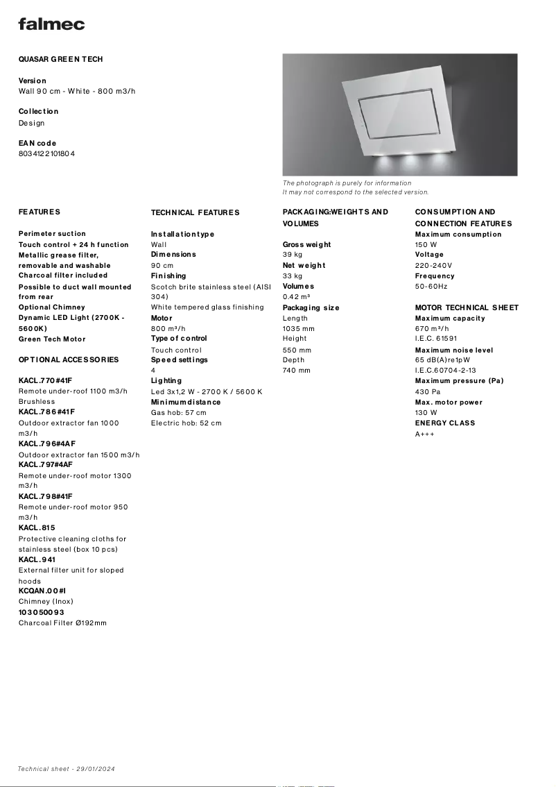 Page 1 de la notice Fiche technique Falmec Quasar