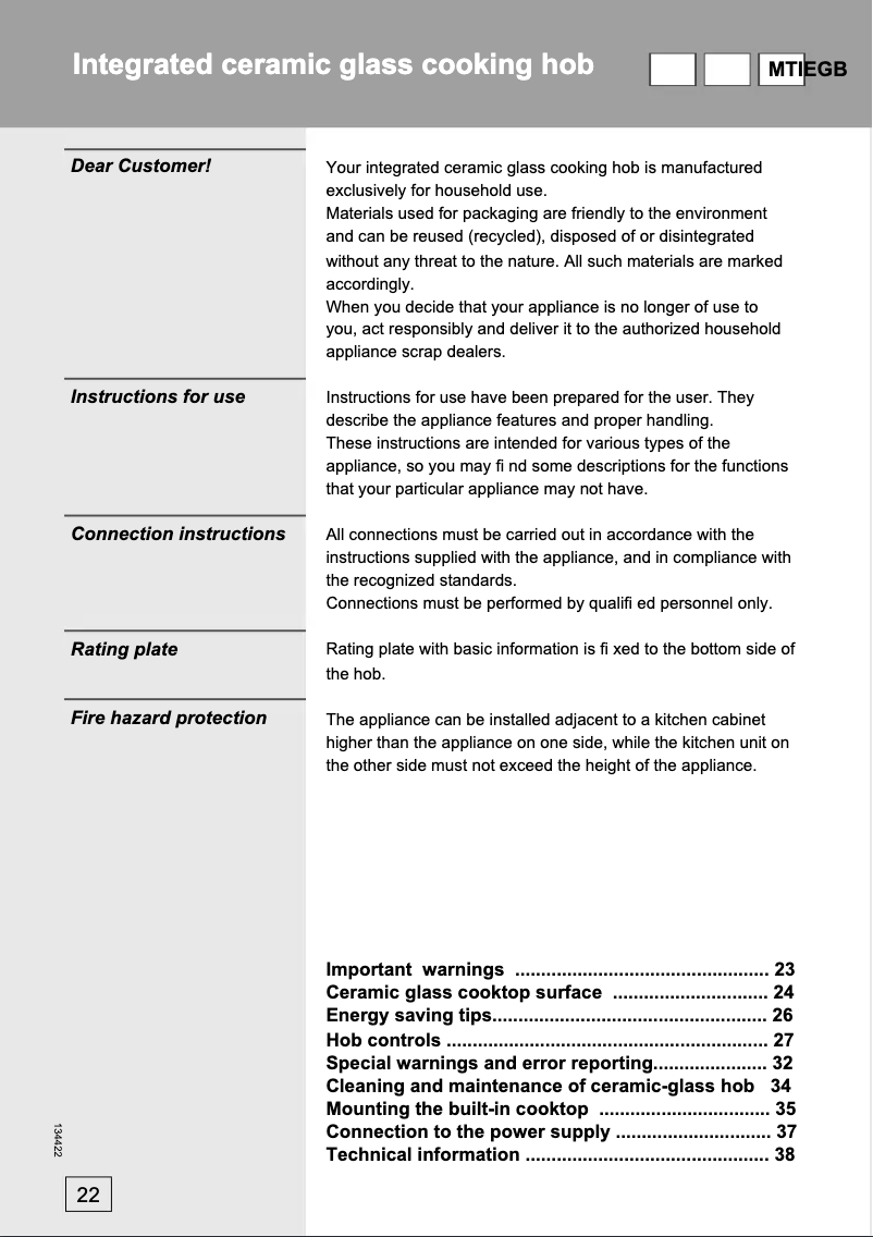 Page n°1 - Manuel utilisateur Gorenje ECT2600P2