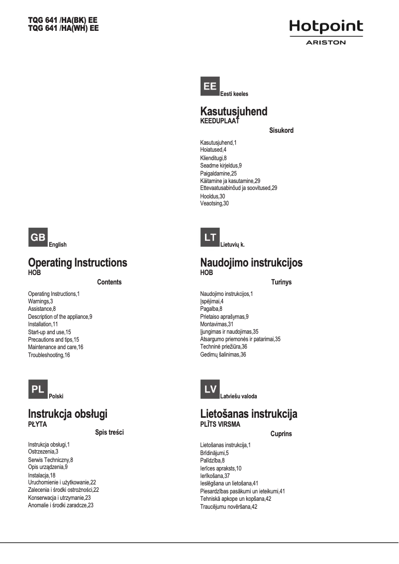 Page 1 de la notice Manuel utilisateur Hotpoint Ariston TQG 641 /HA(BK) EE