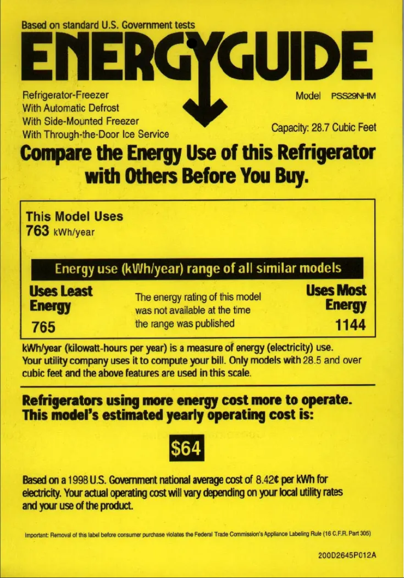Page 1 de la notice Label énergétique GE PSS29NHMCC