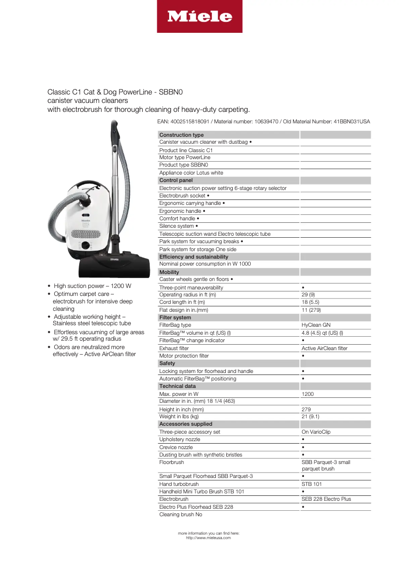 Page n°1 - Fiche technique Miele Classic C1 Cat & Dog