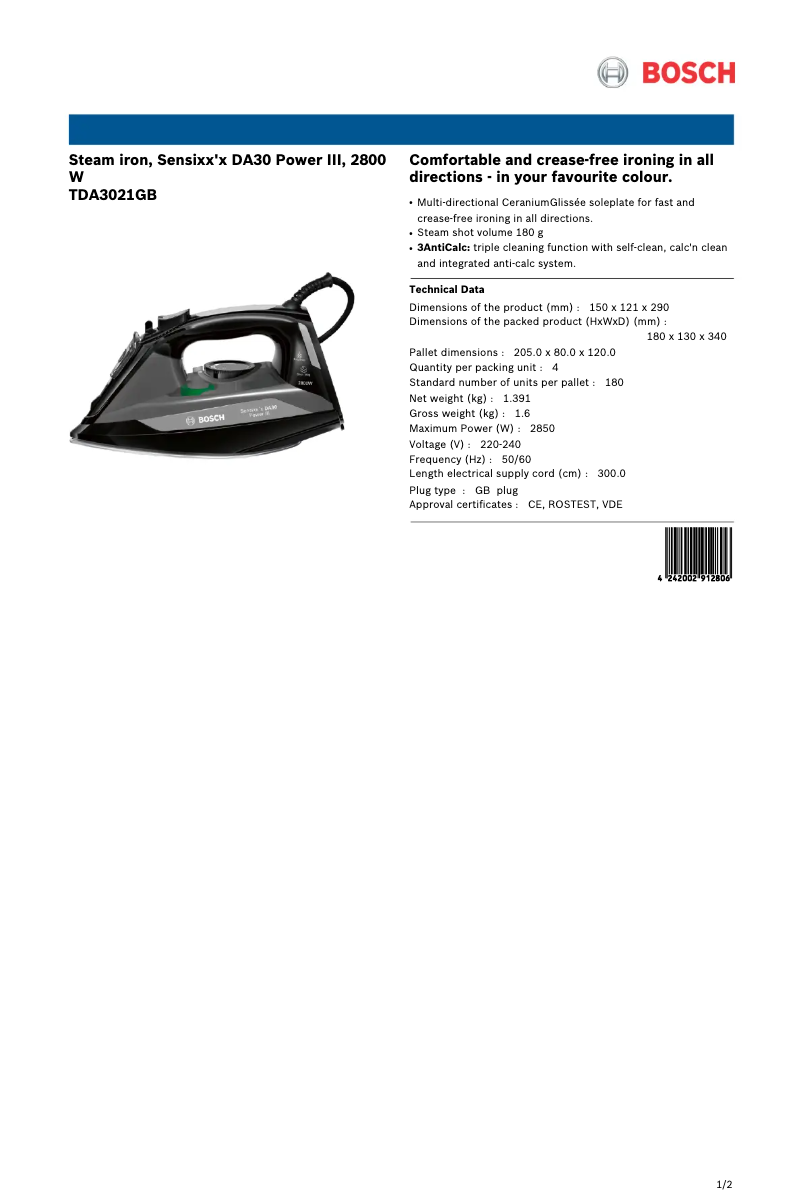 Page n°1 - Fiche technique Bosch TDA3021GB