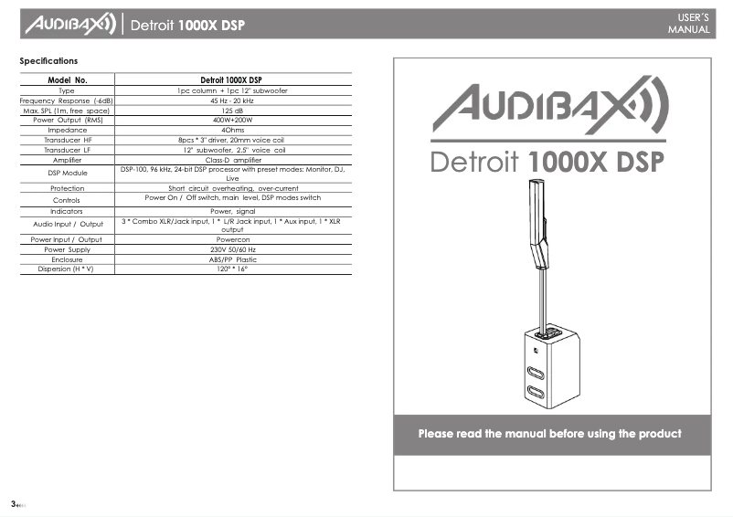 Page n°1 - Manuel utilisateur Audibax Detroit 1000X DSP