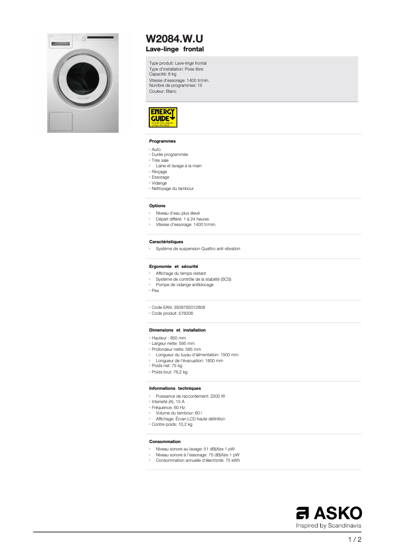Page n°1 - Fiche technique Asko W2084.W.U
