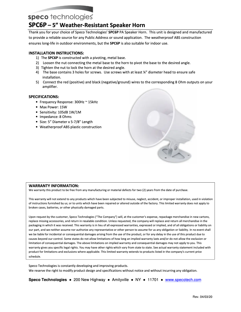 Page 1 de la notice Manuel utilisateur Speco Technologies SPC6P