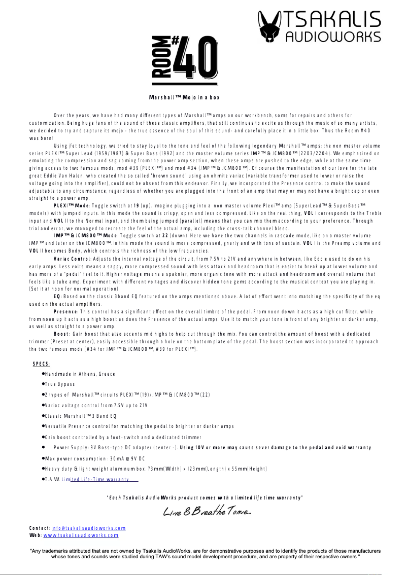 Page 1 de la notice Manuel utilisateur Tsakalis AudioWorks Room #40