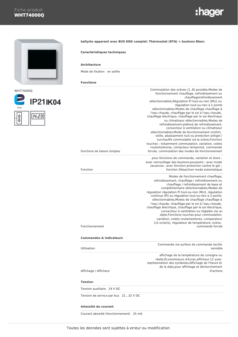 Page n°1 - Fiche technique Hager WHT74000Q