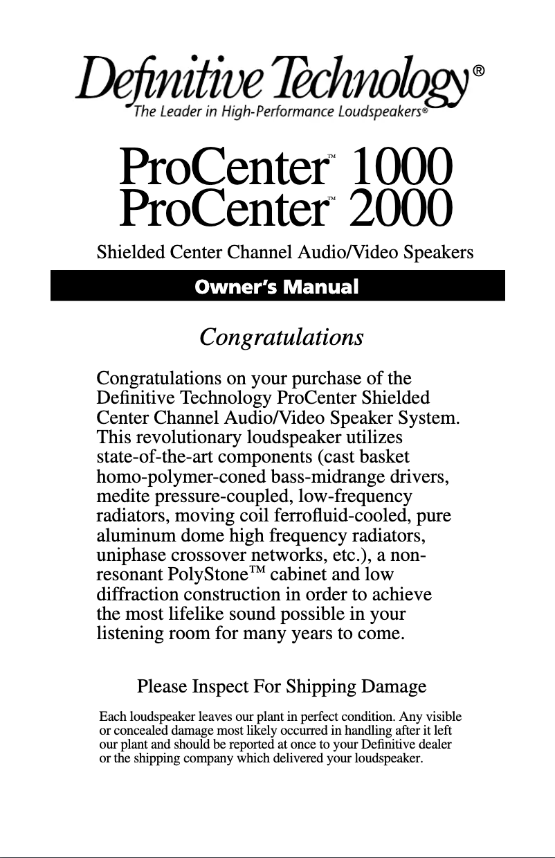 Page 1 de la notice Manuel utilisateur Definitive Technology ProCenter 1000