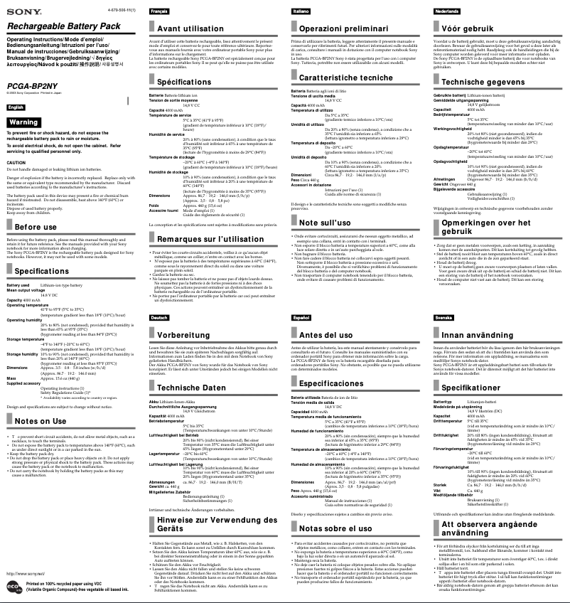Page n°1 - Manuel utilisateur Sony PCGA-BP2NY