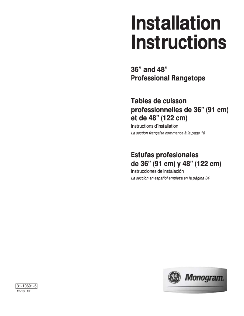 Page n°1 - Guide d'installation GE ZGU486LDPSS