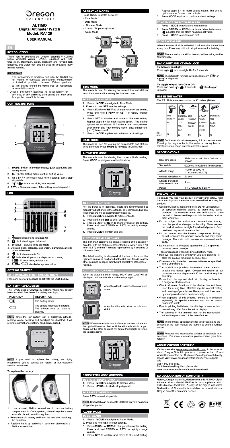 Page 1 de la notice Manuel utilisateur Oregon Scientific RA129