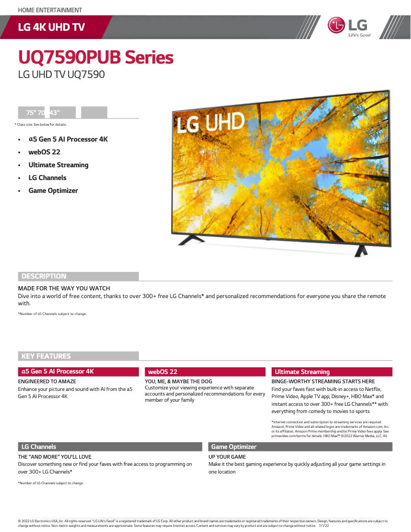 Página 1 del manual Ficha técnica LG 70UQ7590PUB