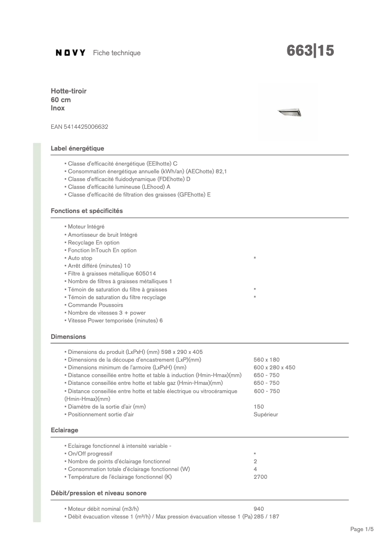 Page n°1 - Fiche technique Novy 663