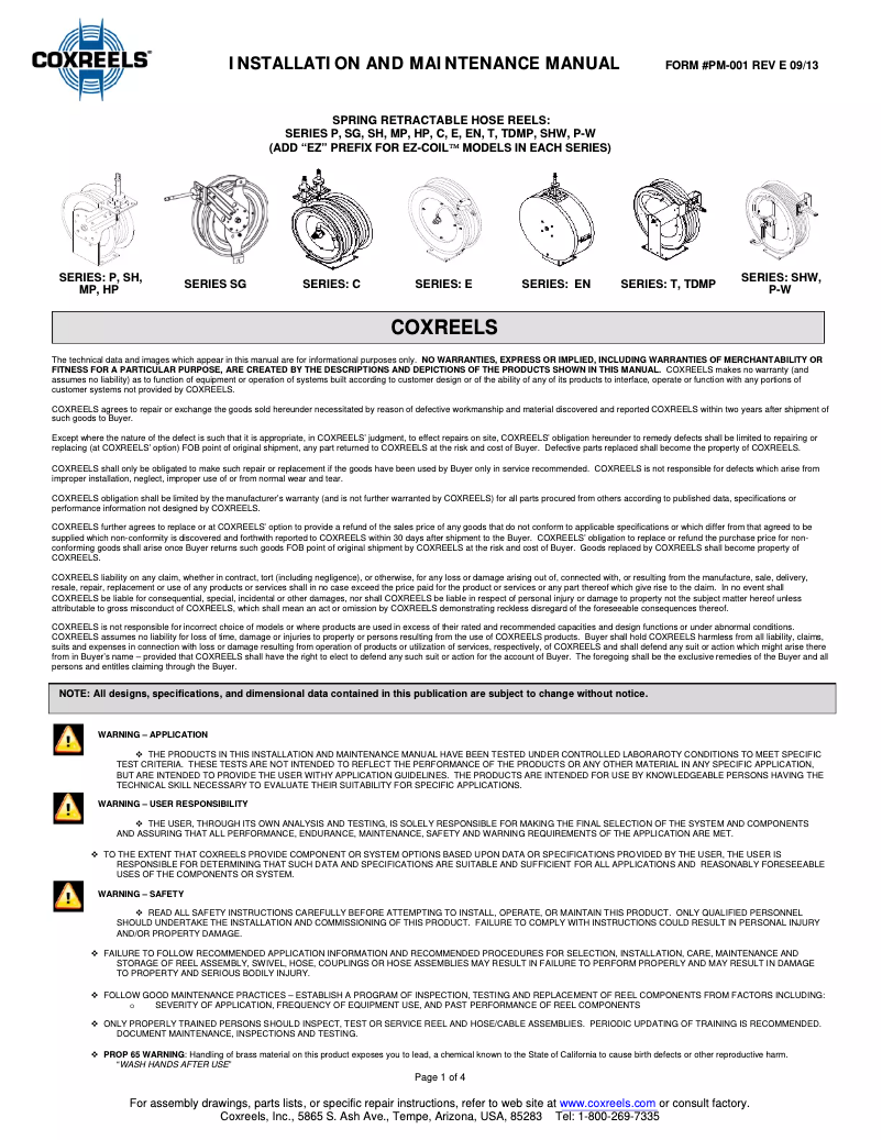Page 1 de la notice Manuel utilisateur Coxreels C-HP-135-135