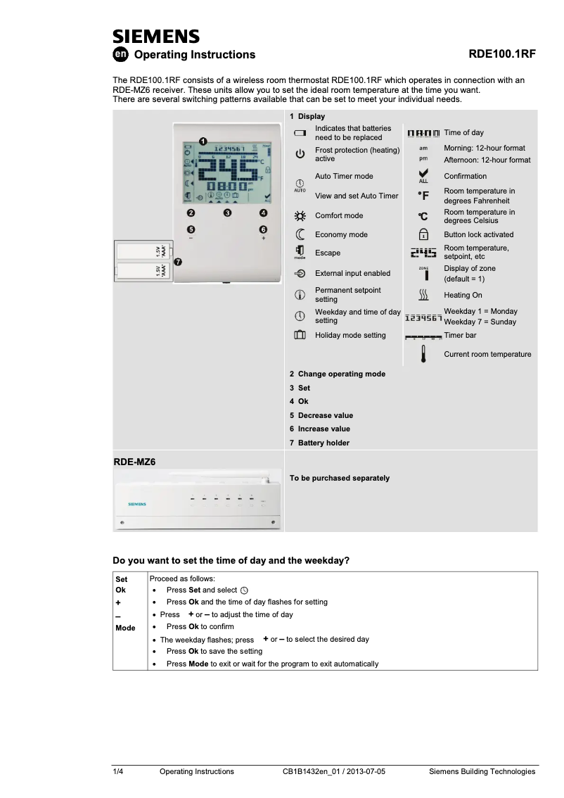 Image de la première page du manuel de l'appareil RDE100.1RF
