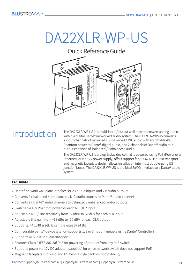 Page 1 de la notice Manuel utilisateur Blustream DA22XLR-WP-US
