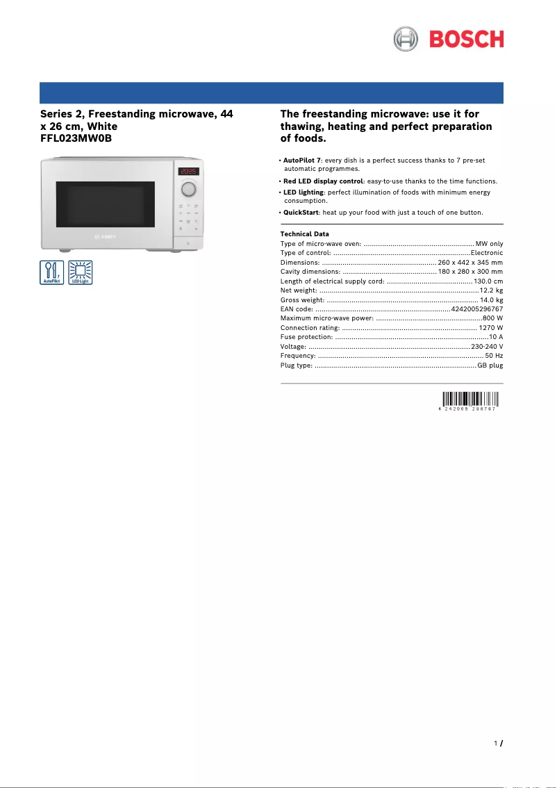 Page 1 de la notice Fiche technique Bosch FFL023MW0B