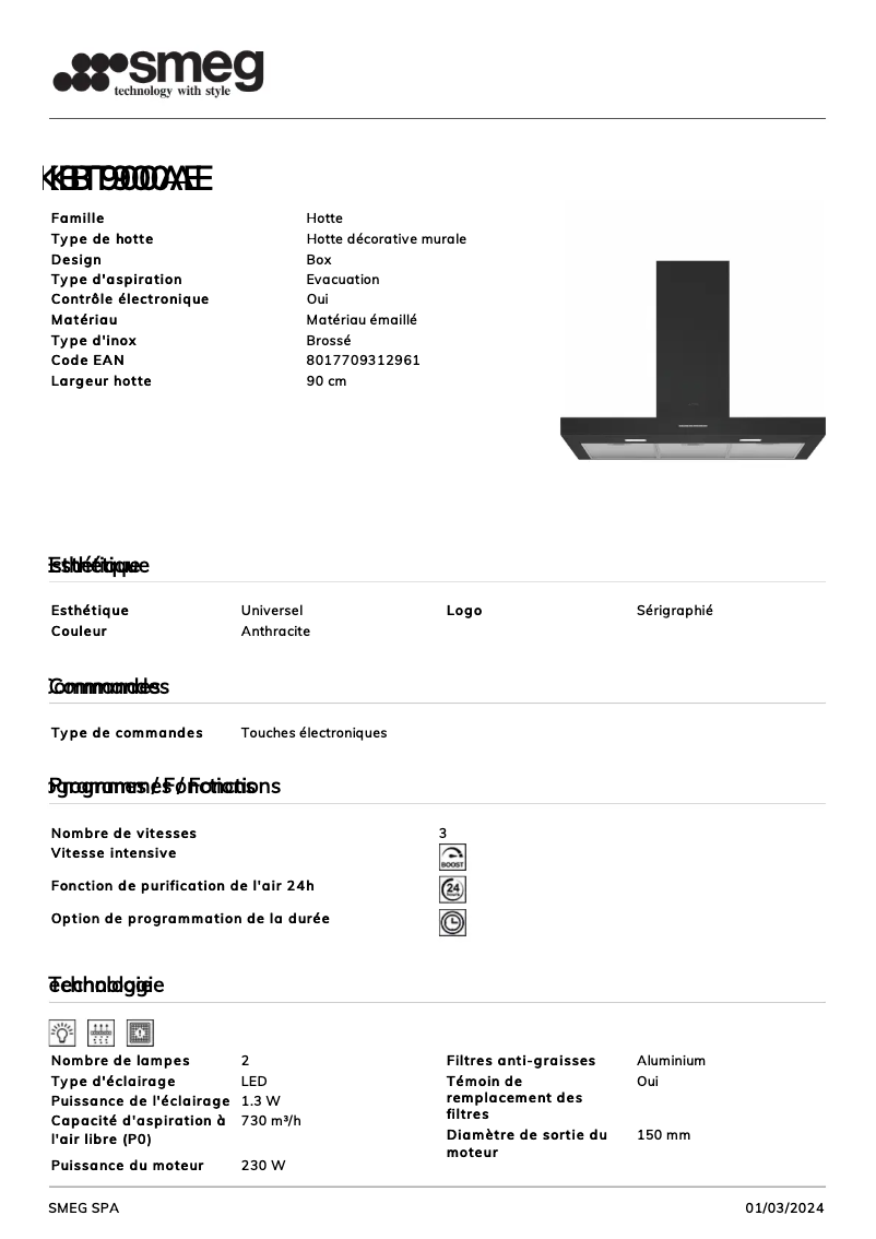 Page 1 de la notice Fiche technique Smeg KBT900AE
