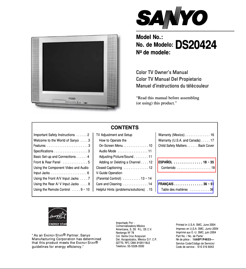 Image de la première page du manuel de l'appareil DS20424