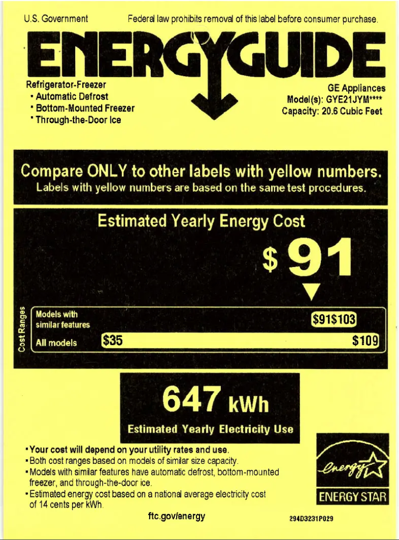 Page n°1 - Label énergétique GE GYE21JYMFS