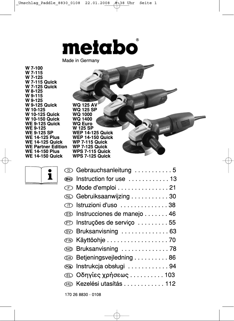 Page n°1 - Manuel utilisateur Metabo WE 9-125 SP