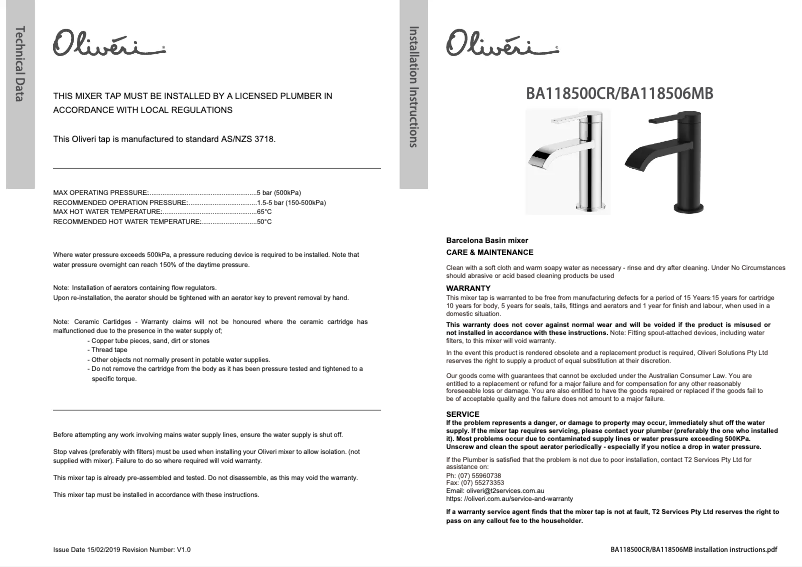 Page 1 de la notice Manuel utilisateur Oliveri BA118500CR