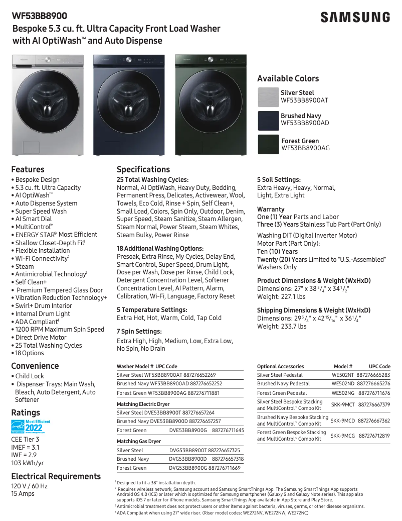 Page 1 de la notice Fiche technique Samsung WF53BB8900AT