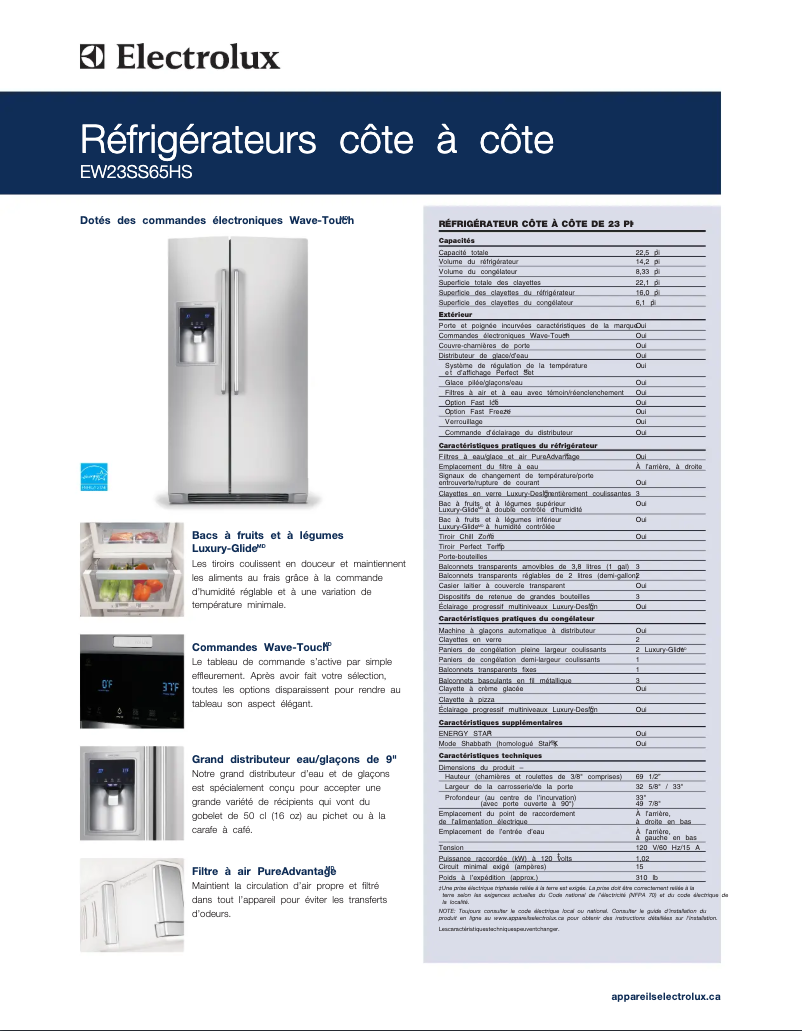 Page 1 de la notice Fiche technique Electrolux EW23SS65HW