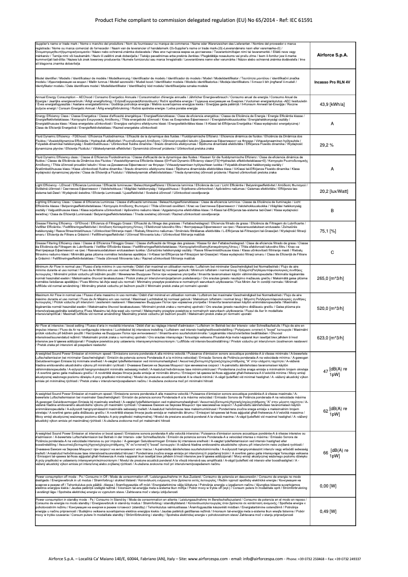 Page 1 de la notice Fiche technique Airforce Incasso Pro