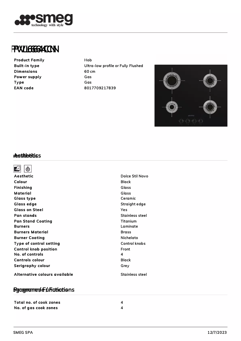 Page 1 de la notice Fiche technique Smeg PVL664CN
