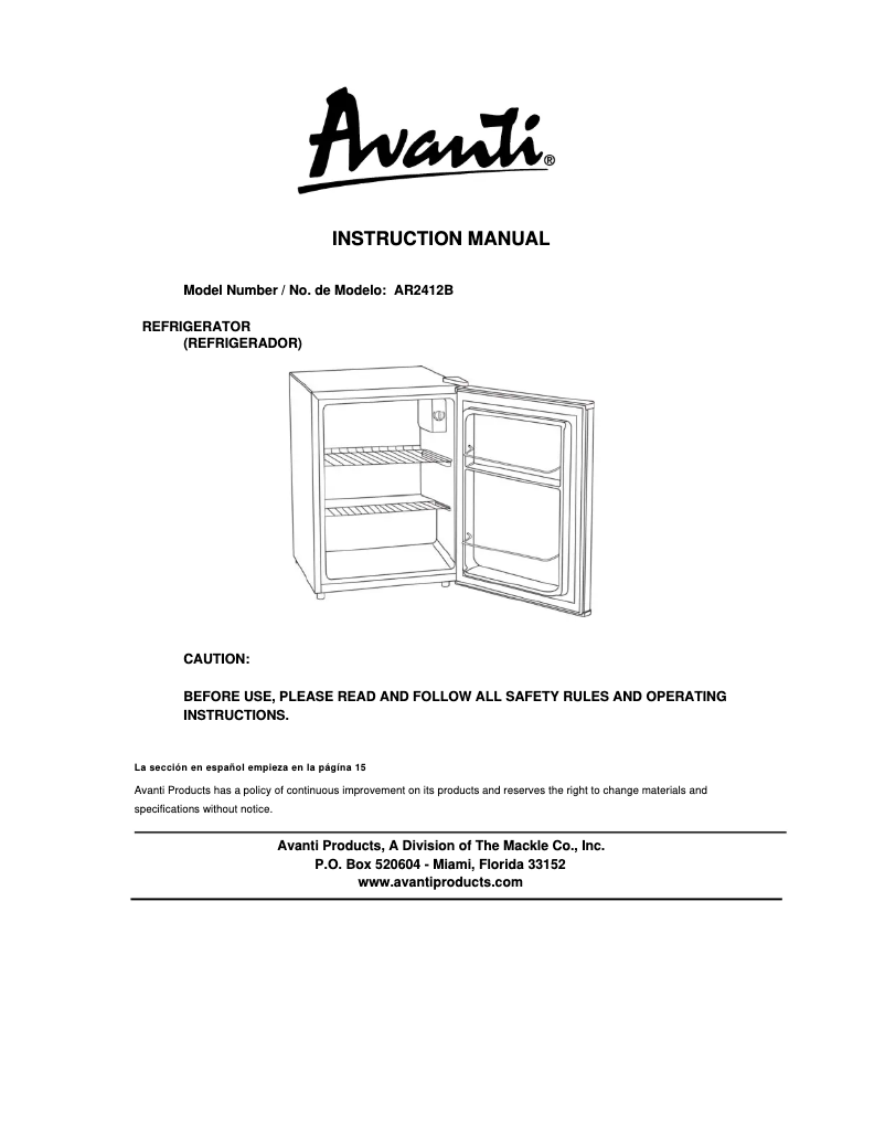 Page 1 de la notice Manuel utilisateur Avanti AR2412B