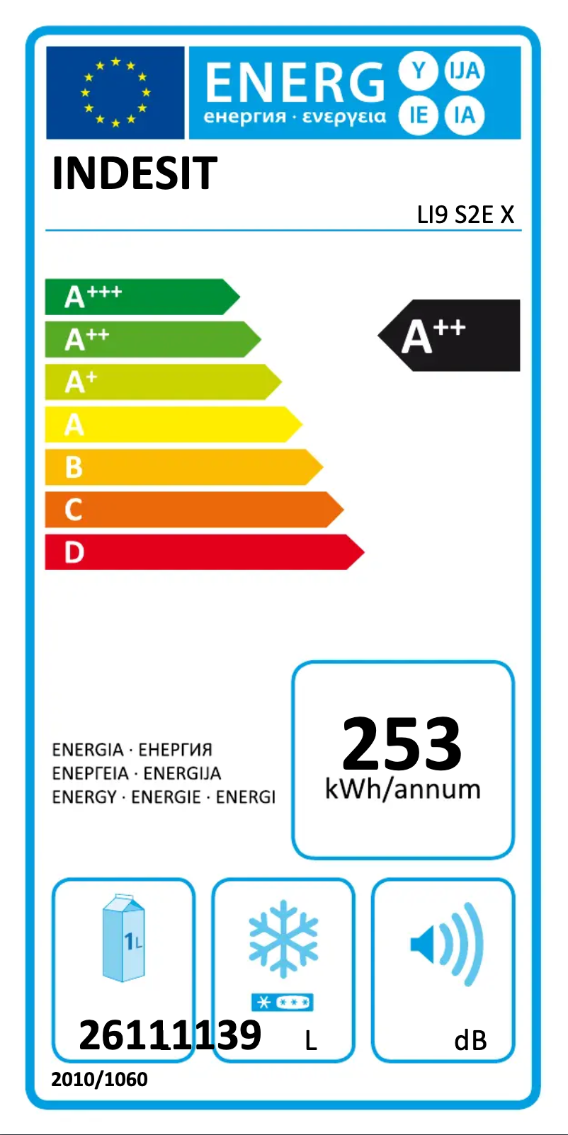 Page 1 de la notice Label énergétique Indesit LI9 S2E X