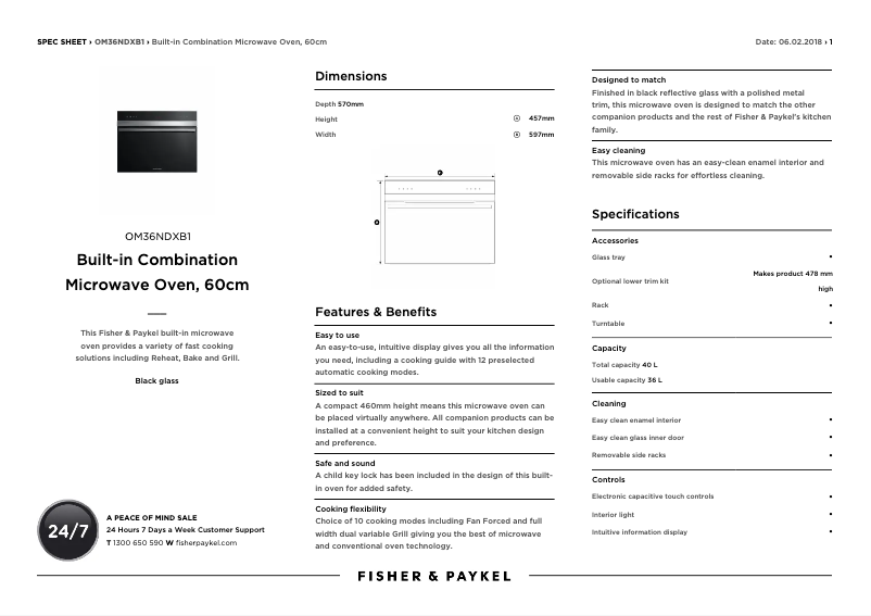 Page 1 de la notice Fiche technique Fisher & Paykel OM36NDXB1