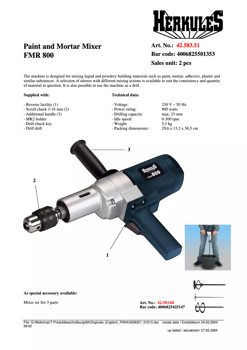 Page 1 de la notice Fiche technique Herkules FMR 800