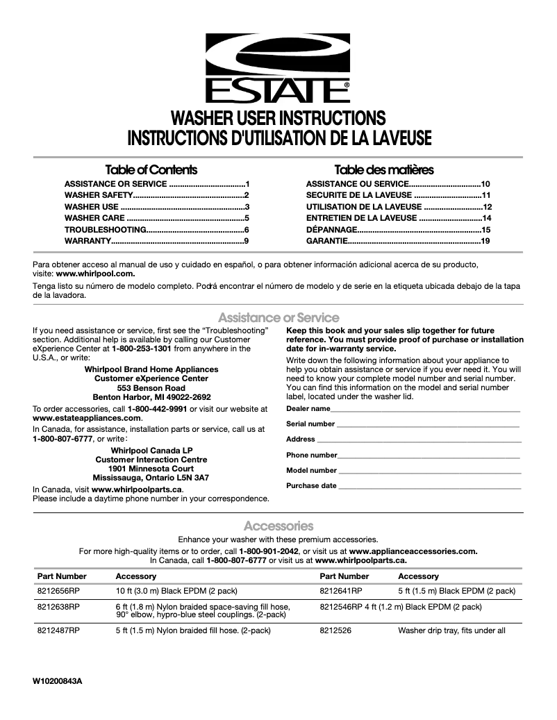 Page 1 de la notice Manuel utilisateur Whirlpool ETW4400WQ