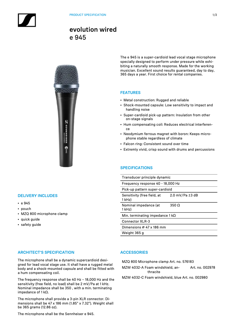 Page n°1 - Fiche technique Sennheiser E945