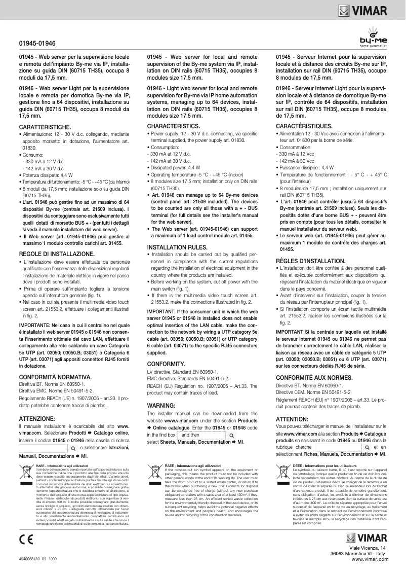 Page n°1 - Instructions / montage Vimar R01946