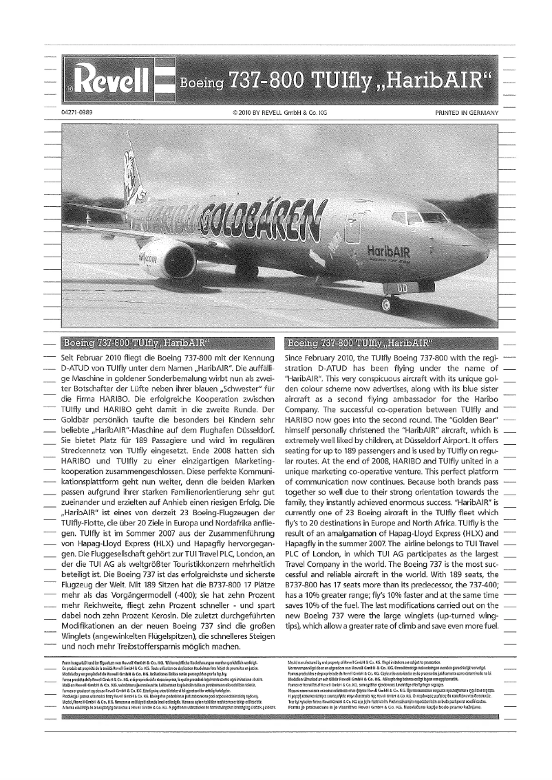 Page 1 de la notice Manuel utilisateur Revell Boeing 737-800 TUIfly "HaribAIR"