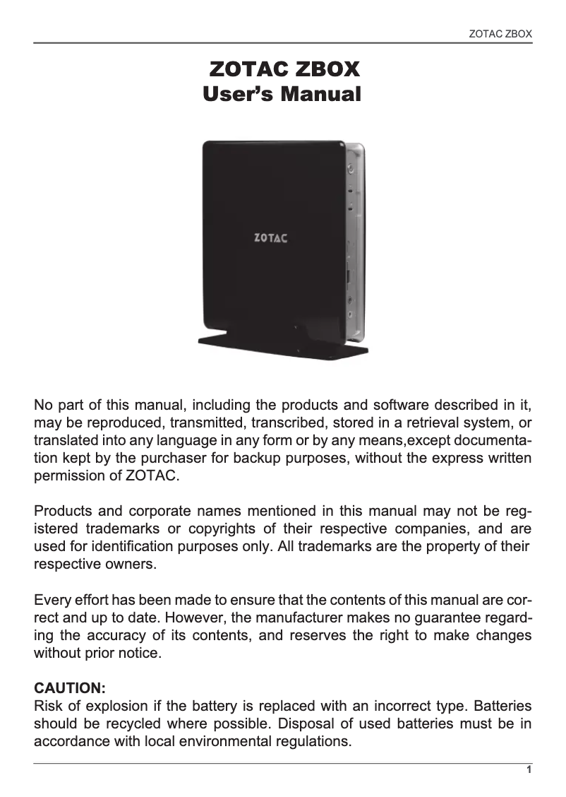 First page image of the manual for ZBOX BI323 INTEL N3150 1.6G