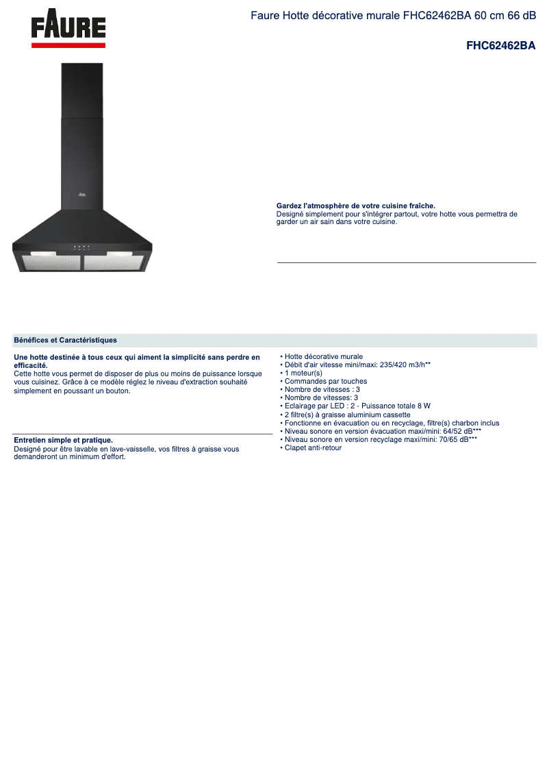 Página 1 del manual Ficha técnica Faure FHC62462BA