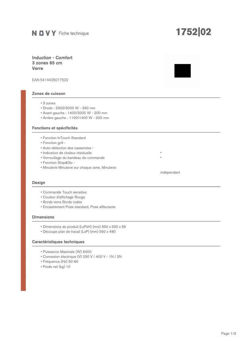 Page 1 de la notice Fiche technique Novy Confort 1752
