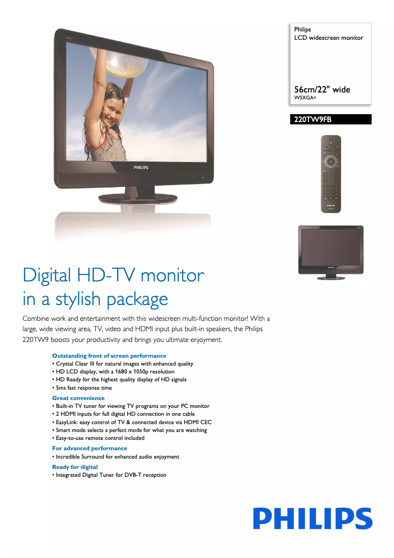 Page 1 de la notice Fiche technique Philips 220TW9FB